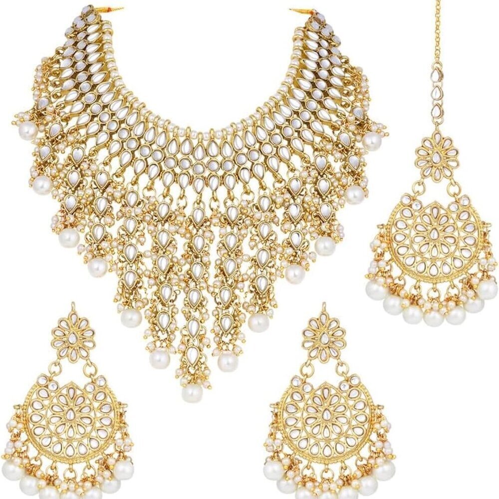 Indian Faux Kundan Necklace Maang Tikka Set Ethnic Jewelry Women